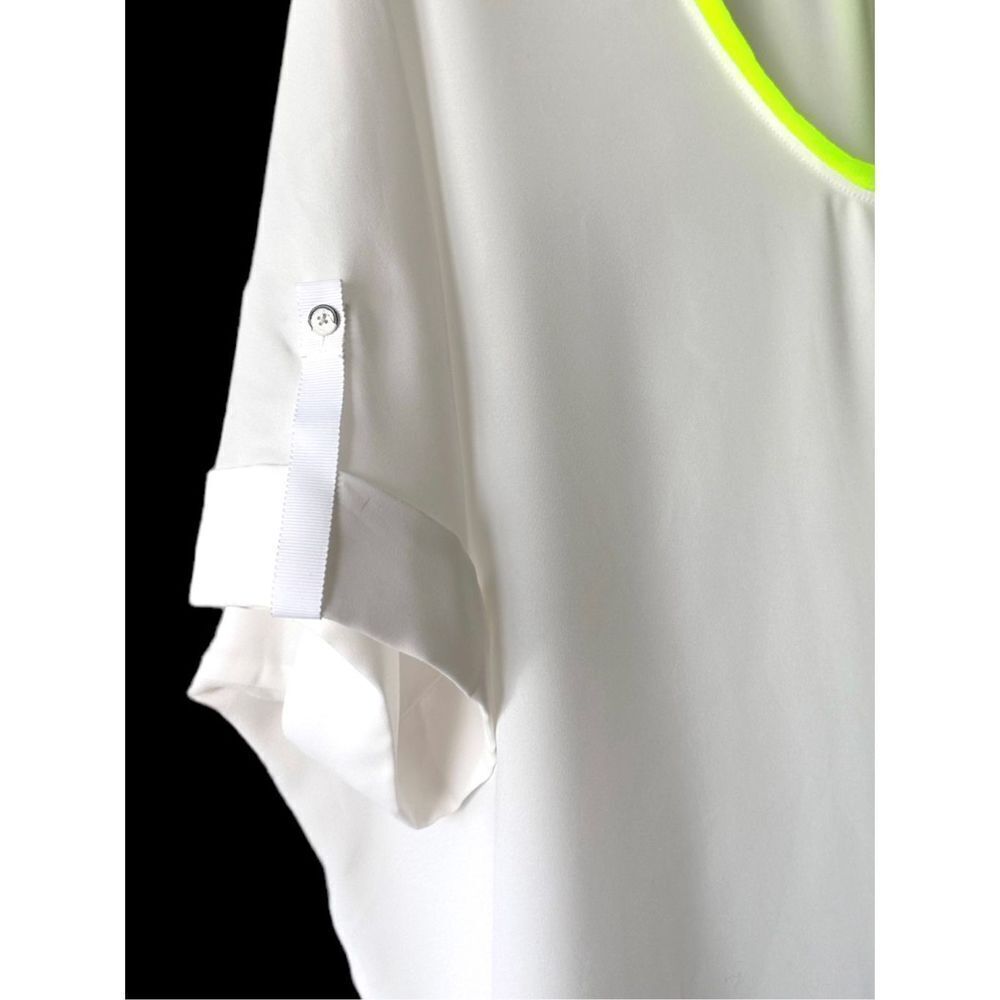 T Tahari Women's Micah Short Sleeve Neon Trim High Low Hem Top White Size Large - Picture 3 of 7